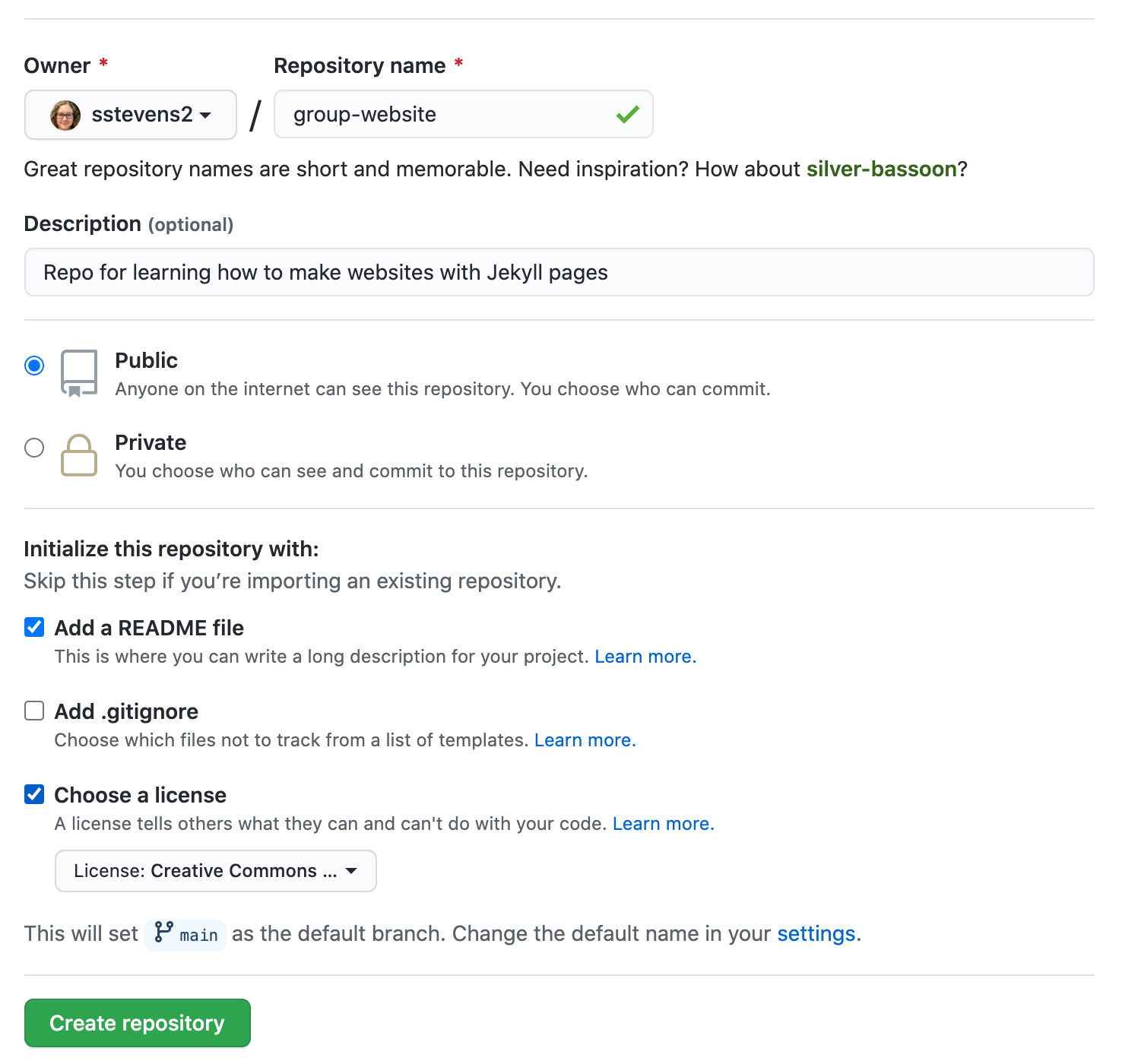 Filled in form with a create repository button