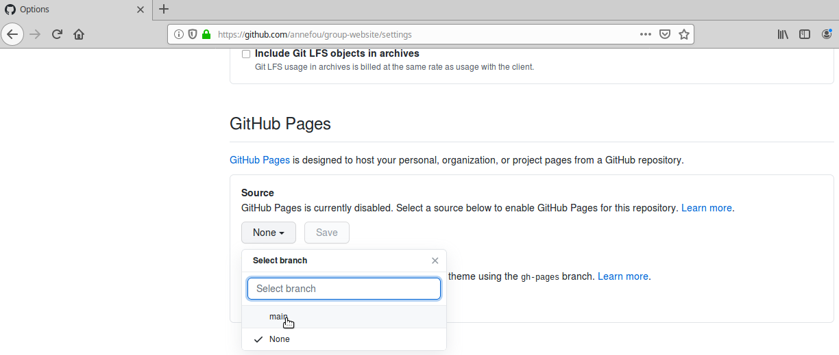 Default website branch