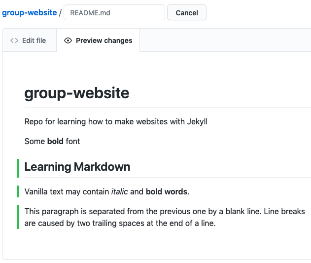 Preview tab of README.md with additional lines inlcuding sub heading and emphasised text with line breaks