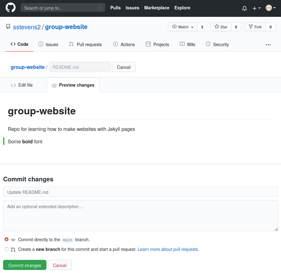 Commit menu for changes done in the GitHub web interface is located at the bottom of the website