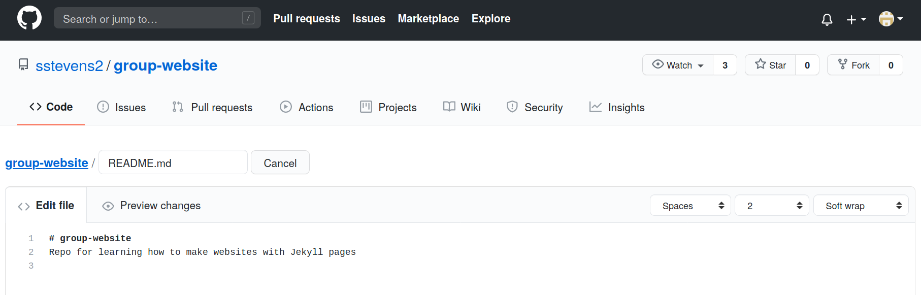 Editing interface of the group websites README file