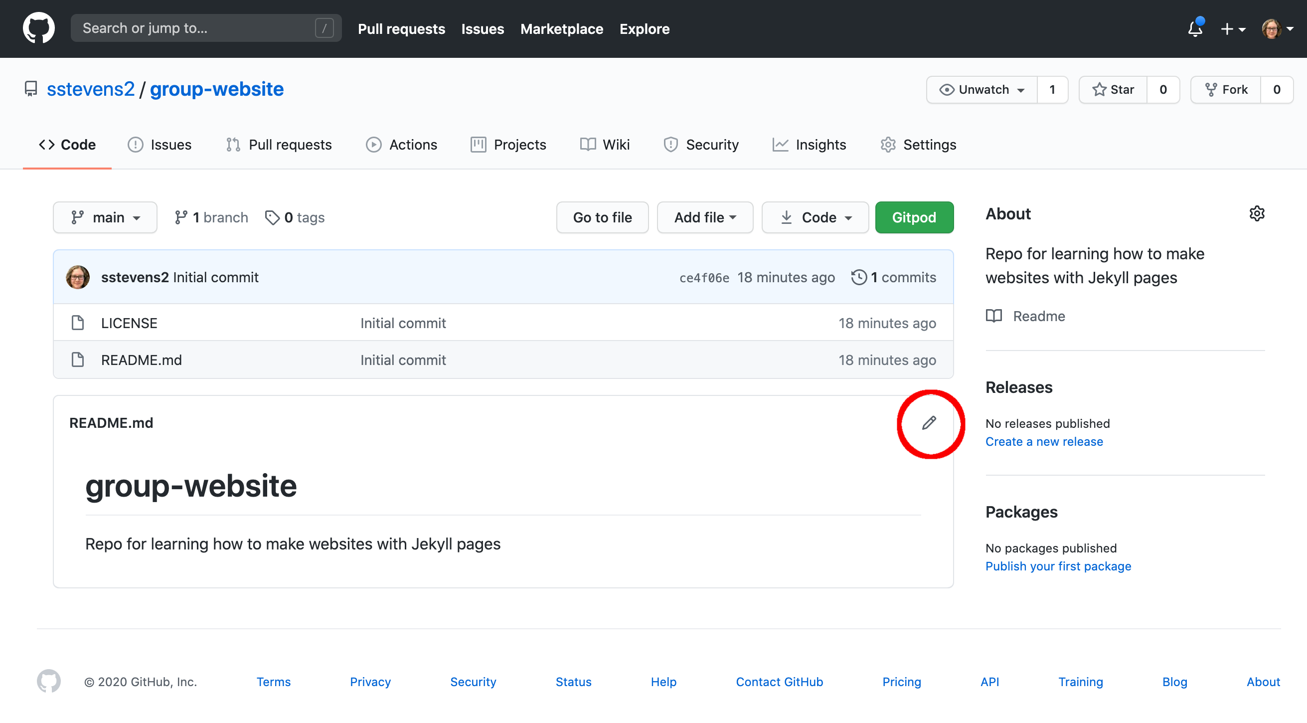 On the homepage of a GitHub repository, the edit button is positioned to the top right of the README preview