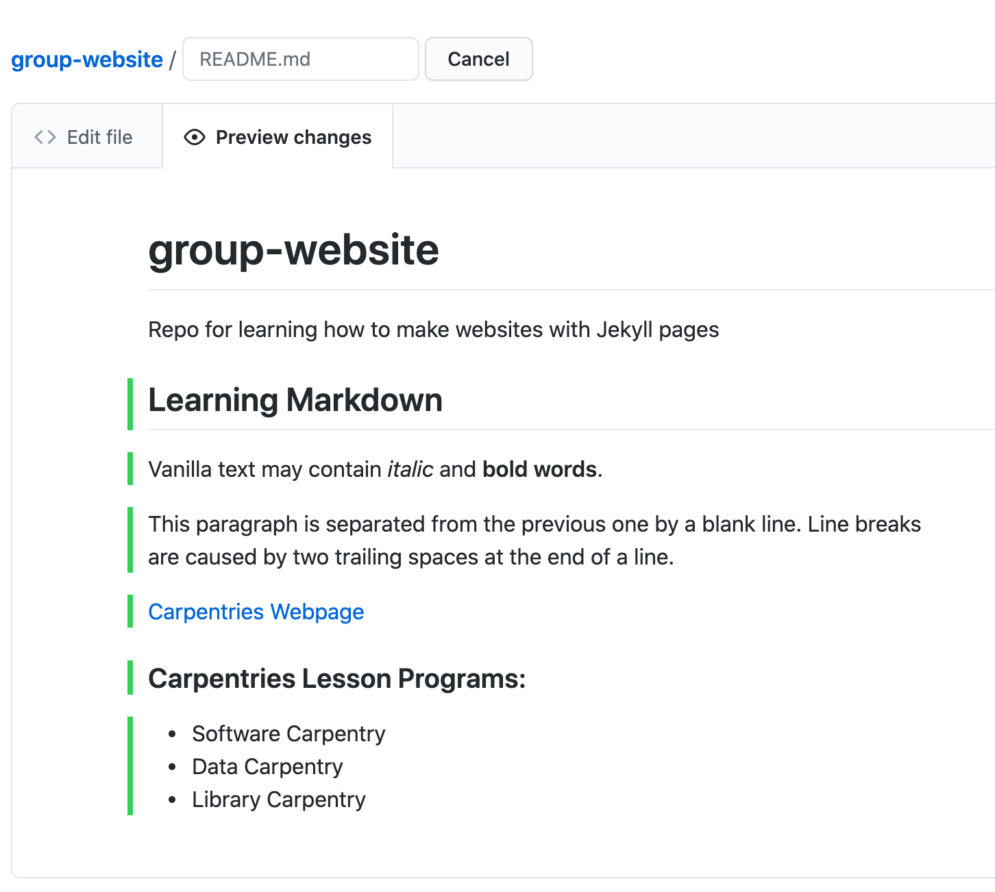 Preview of the formatting added to the Readme