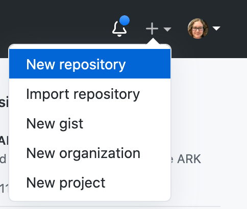 Dropdown plus menu with new repository option highlighted