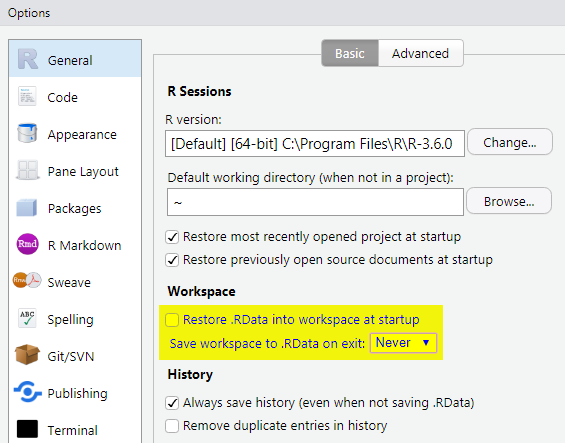 Set 'Save workspace to .RData on exit' to'Never'