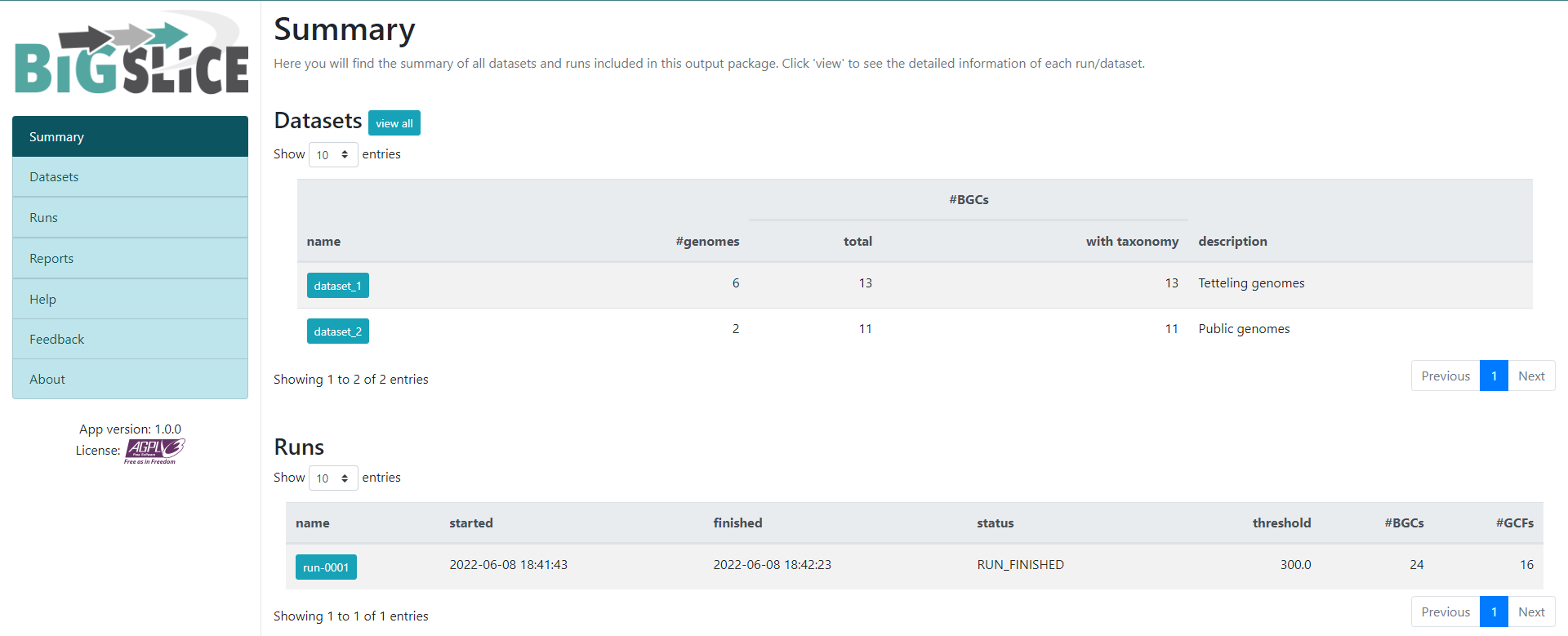 BiG SLiCE web page output displaying the results obtained from the example run.
A left panel presents the information generated, composed of seven tabs;
Summary, Datasets, Runs, Reports, Help, Feedback, and About.
The rest is a Summary of all datasets and runs included in the output.
Appearing firstly, the Datasets provided as input, organized as a table with five rows;
name, #genomes, total, with taxonomy, and description.
Next, the information about the Runs, also organized as a table with the following rows;
name, started, finished, status, threshold, #BGCs, and #GCFs..
