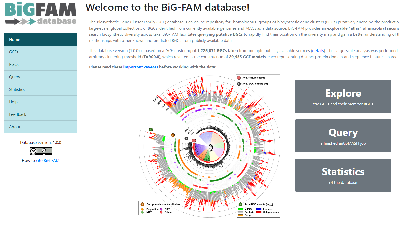 BiG-FAM main page showing an introduction as well as a graphical representation of the database.
A left panel displays the available options; Home, GCFs, BGCs, Query, Statistics, Help, Feedback, and About.
