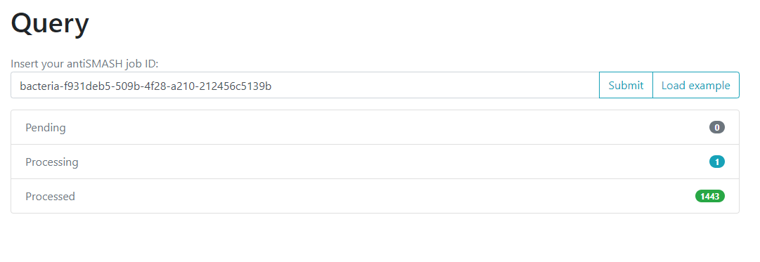 BiG-FAM query page with the option for inserting an antiSMASH job and submitting it.
Below it is described how much of the job is Pending, Processing, and Processed.