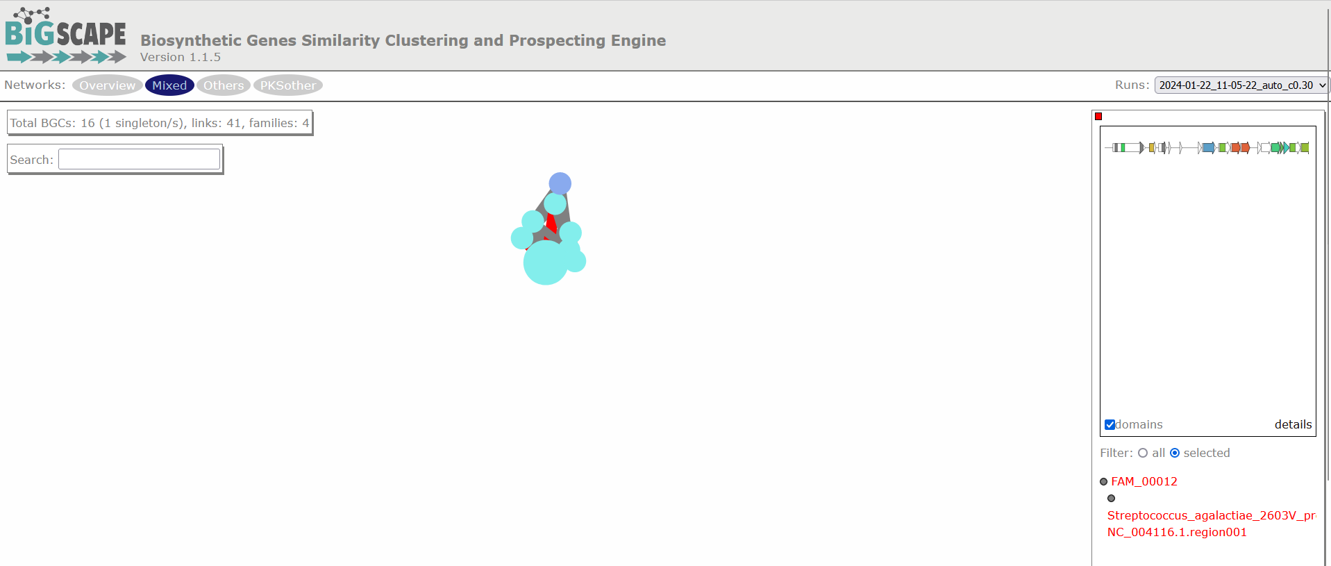 BIG-SCAPE similarity network of the complete mix of BGCs
obtained from the run. A network is represented for each GCF, each dot represents a BGC.
In this example there are a total of 23 BGCs, of which 6 are singletons, there are 28 links and 11 families.
Clicking over any of the dots shows the GCF at the right side and allows you to explore it further.