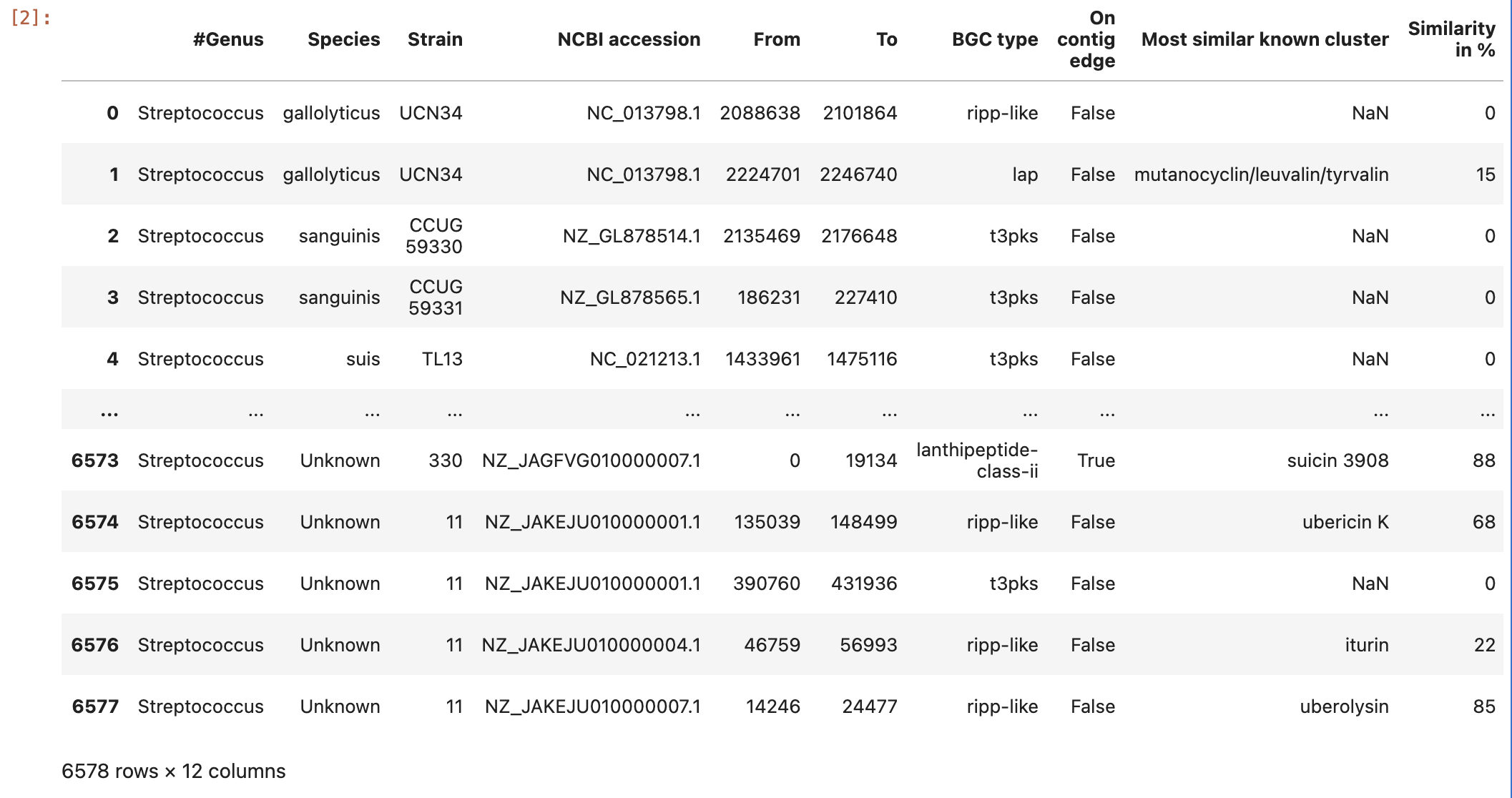 a dataframe variable the content of the Streptococcus predicted BGC