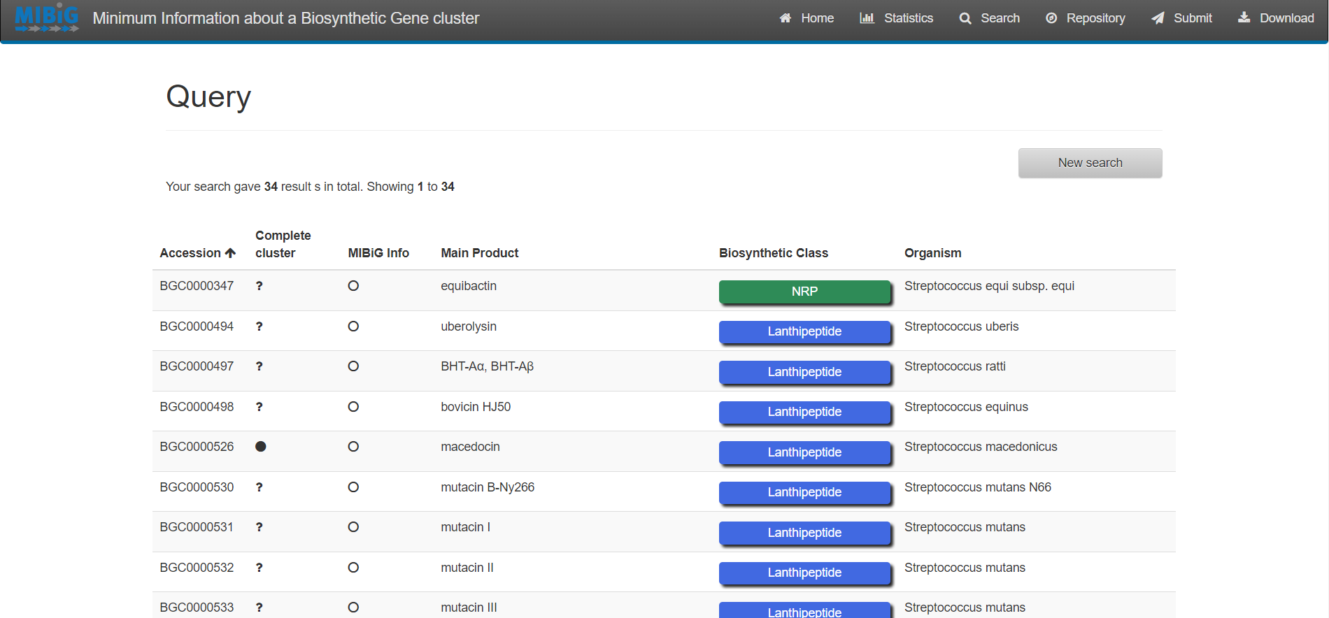 MIBiG website displaying the results from the simple search Streptococcus