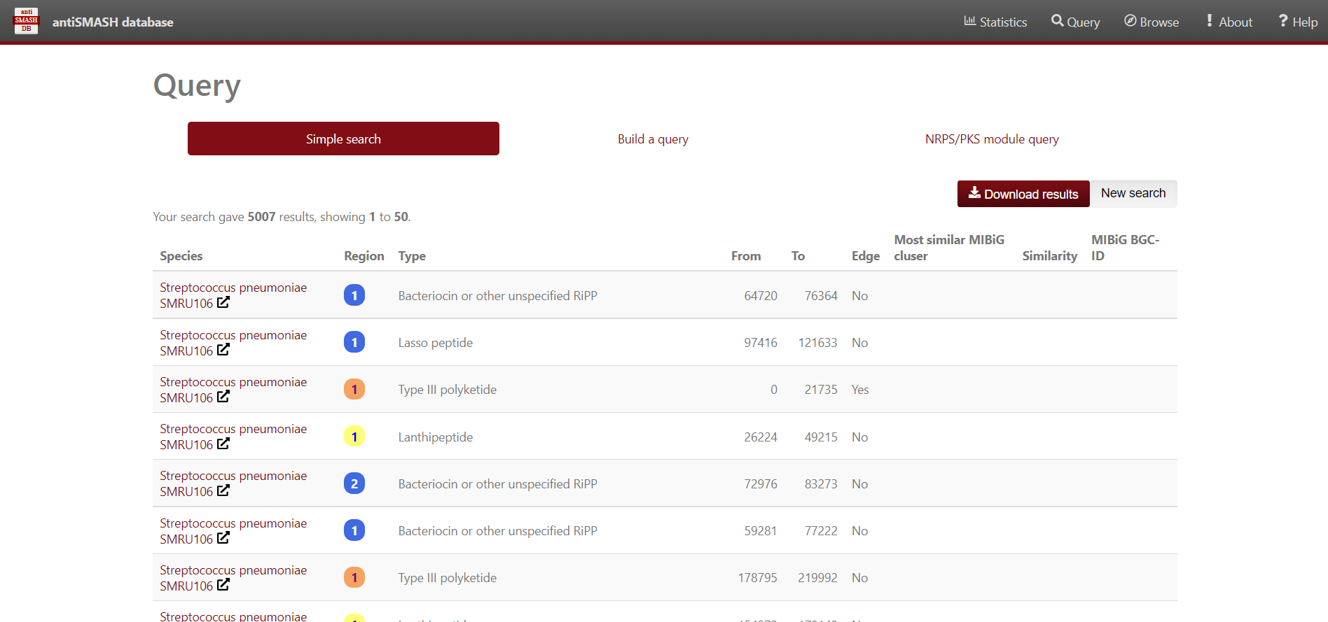 antiSMASH website displaying the results from the simple search Streptococcus