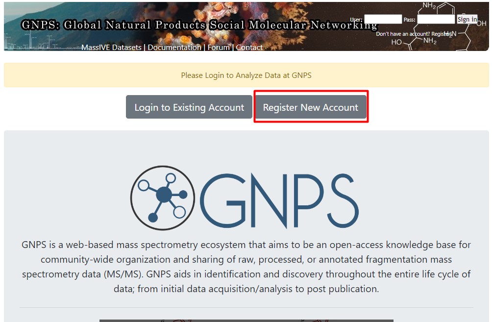 Create an account in GNPS