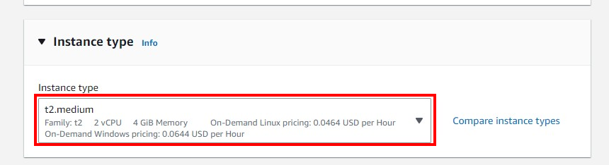 Instance Type page showing t2.medium in the box.