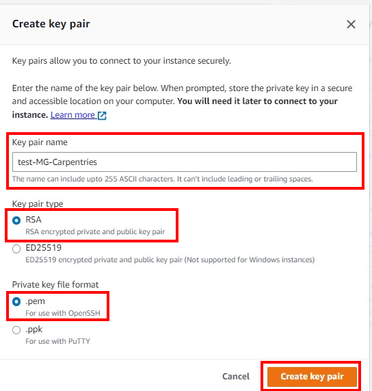 Create key pair box with the sections for Key pair name, key pair type and private key file format and the button Create key pair highlighted.