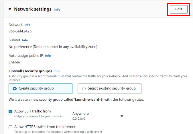 Network settings box with the button Edit highlighted.
