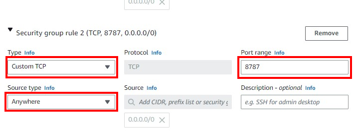 Boxes for Type Custom TCP, source type Anywhere and Port range 8787 highlighted.